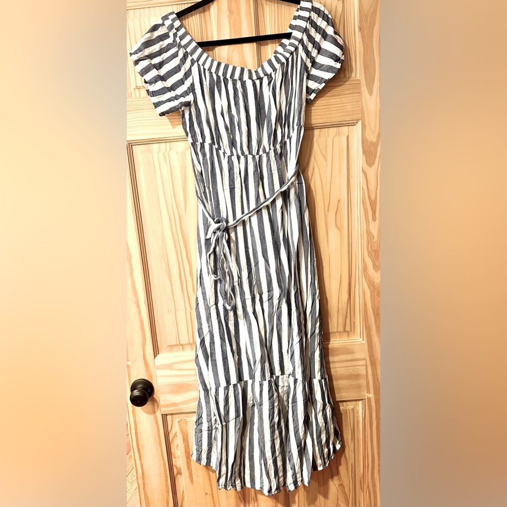 Large Isabel Maternity Blue and White Striped Off The Shoulder Maxi Dress